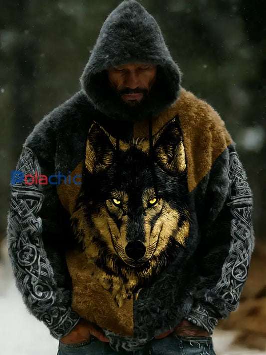 Rétro Viking Celtic Art Pattern Plush Veste à capuche zippée chaude pour hommes A / S