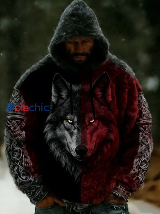 Rétro Viking Celtic Art Pattern Plush Veste à capuche zippée chaude pour hommes A / S