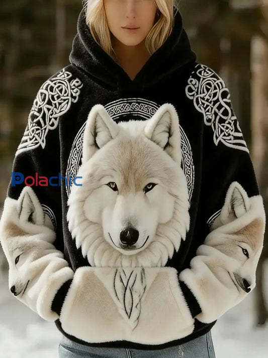 Retro Viking Nordic Wolf Celtic Knot Flanelle Sweat à capuche pour femme Noir / S