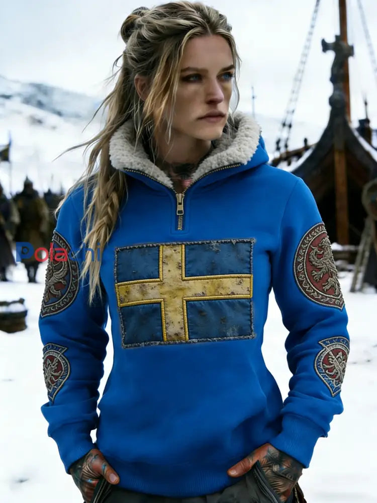 Retro Viking Swedish Flag Badge doublé de molleton à capuche pour femme