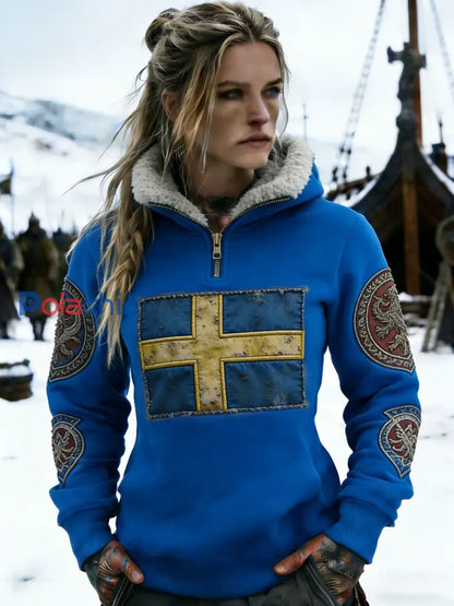 Retro Viking Swedish Flag Badge doublé de molleton à capuche pour femme