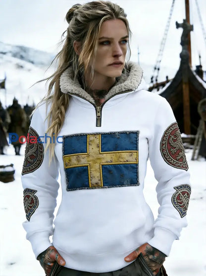 Retro Viking Swedish Flag Badge doublé de molleton à capuche pour femme