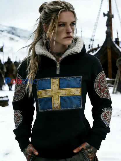 Retro Viking Swedish Flag Badge doublé de molleton à capuche pour femme