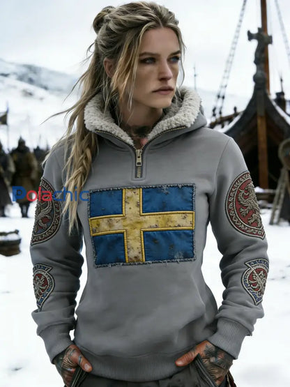Retro Viking Swedish Flag Badge doublé de molleton à capuche pour femme Gris / S