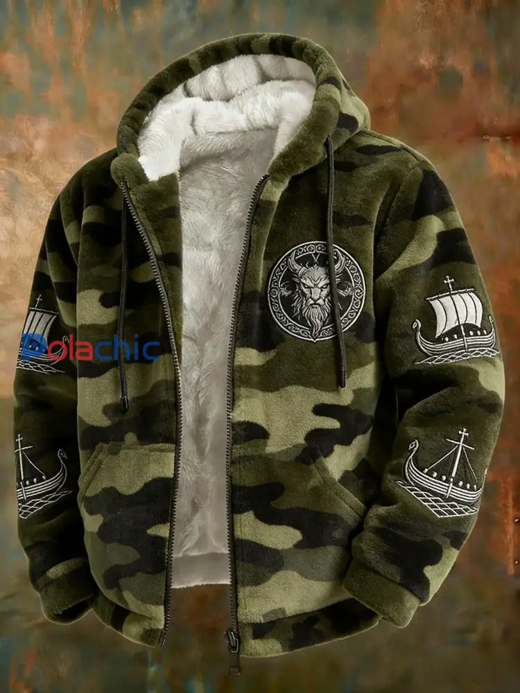 Retro Viking Swedish Veteran Celtic Knot Camo Flanelle Veste à capuche pour homme Vert / S
