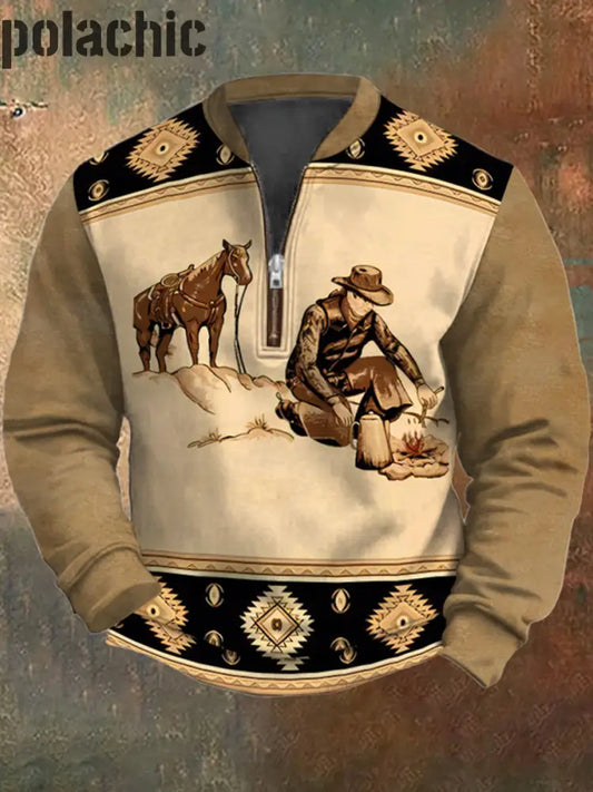 Rétro West Cowboy Motif Imprimé Western Vintage Zipper V-Cou Extérieur Épais Sweatshirt A / S