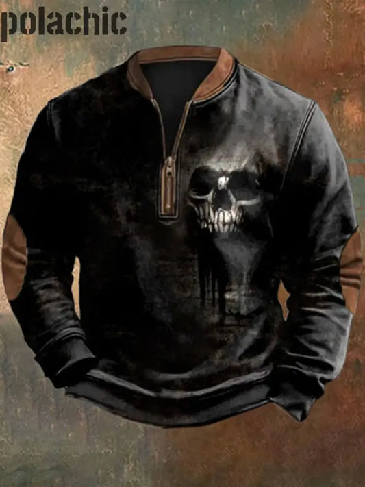 Rétro West Cowboy Motif Imprimé Western Vintage Zipper V-Cou Extérieur Épais Sweatshirt A / S