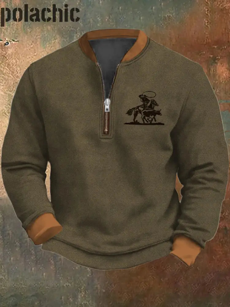 Rétro West Cowboy Motif Imprimé Western Vintage Zipper V-Cou Extérieur Épais Sweatshirt A / S