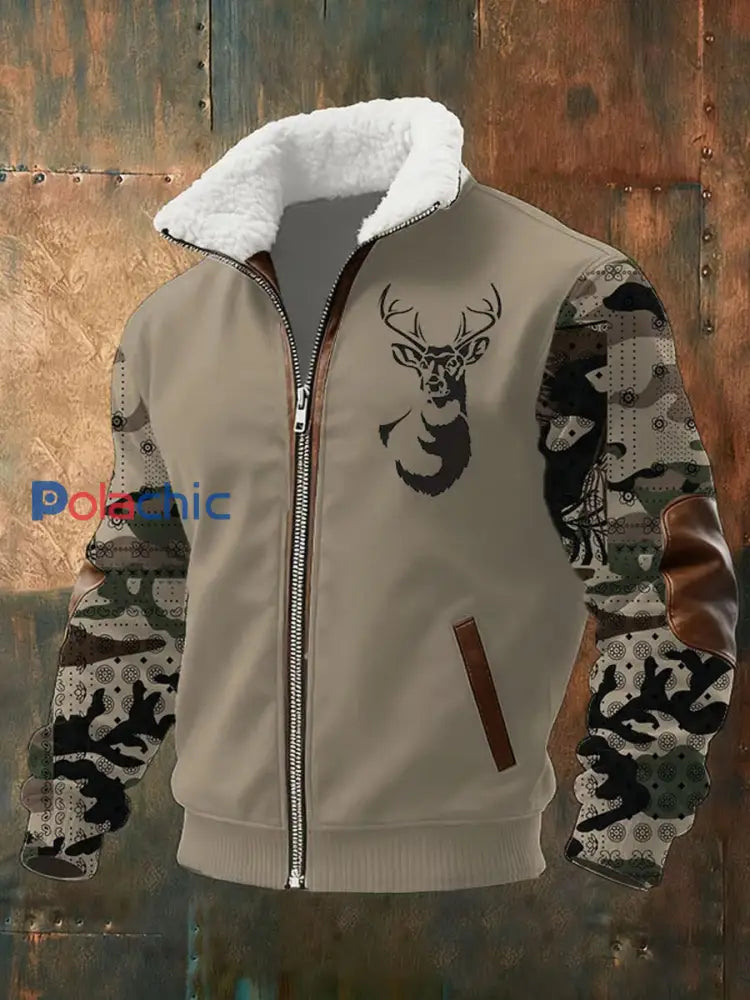 Rétro Western Art Print Casual col fourrure Zipper Jacket des hommes A / S