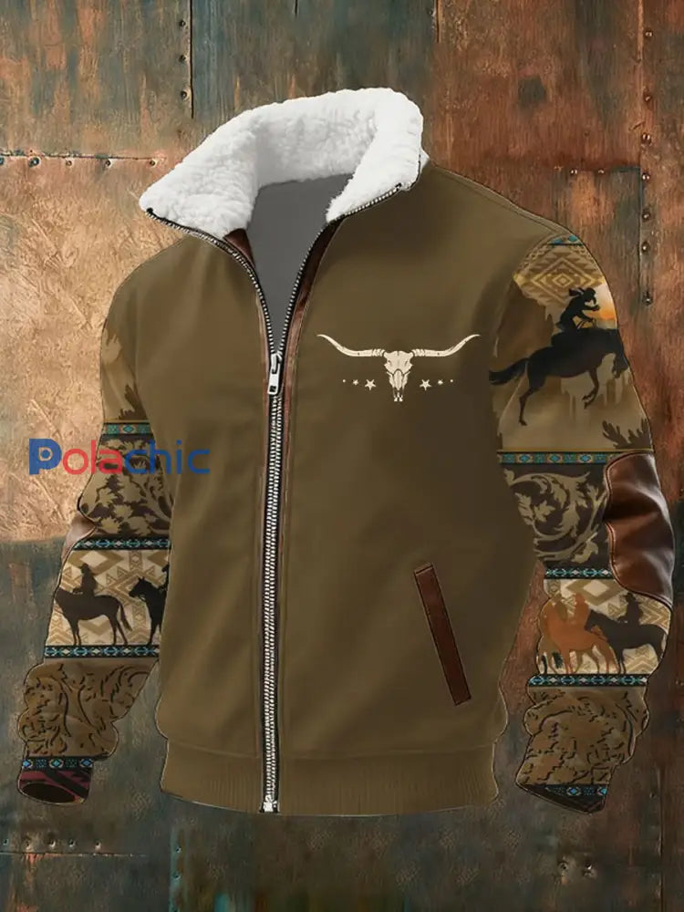 Rétro Western Art Print Casual col fourrure Zipper Jacket des hommes A / S
