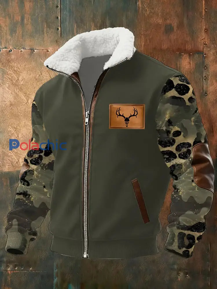 Rétro Western Art Print Casual col fourrure Zipper Jacket des hommes A / S