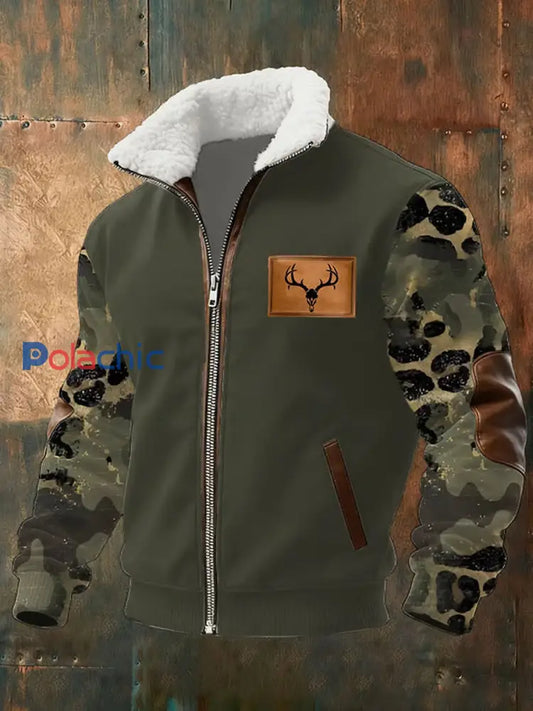 Rétro Western Art Print Casual col fourrure Zipper Jacket des hommes A / S