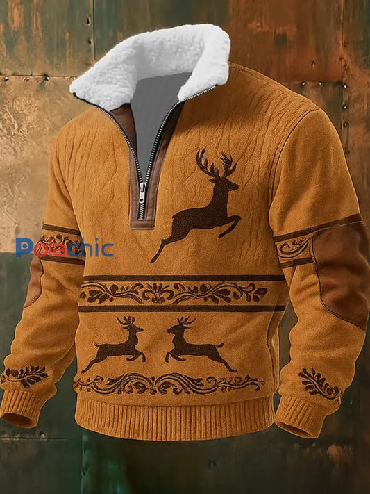 Retro Western Art Print Casual Zipper col en fourrure pour hommes A / S