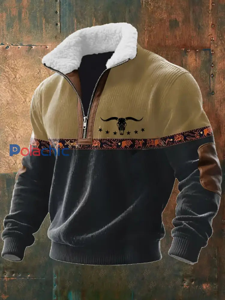 Retro Western Art Print Casual Zipper col en fourrure pour hommes A / S