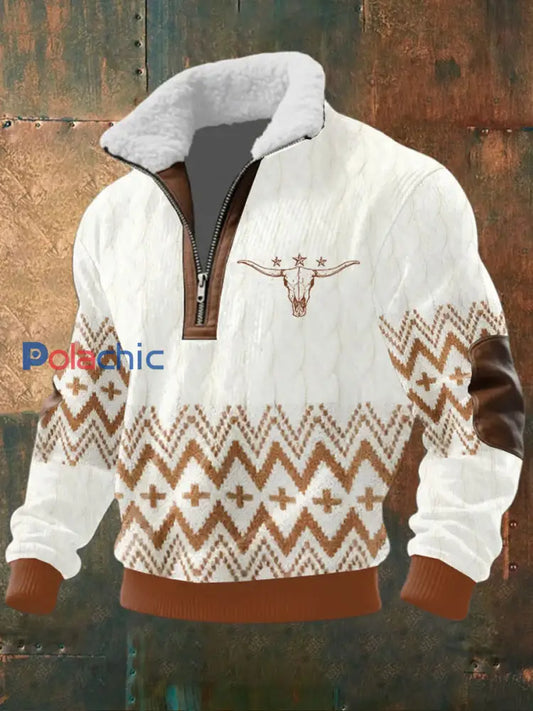 Retro Western Art Print Casual Zipper col en fourrure pour hommes A / S