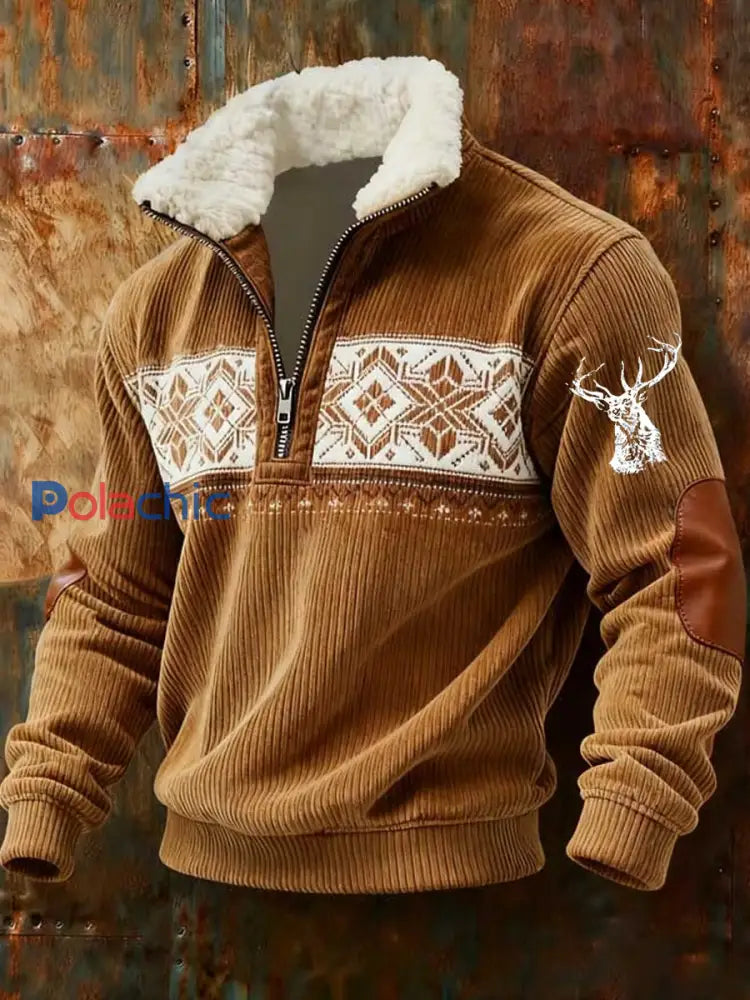 Retro Western Art Print Casual Zipper col en fourrure pour hommes A / S