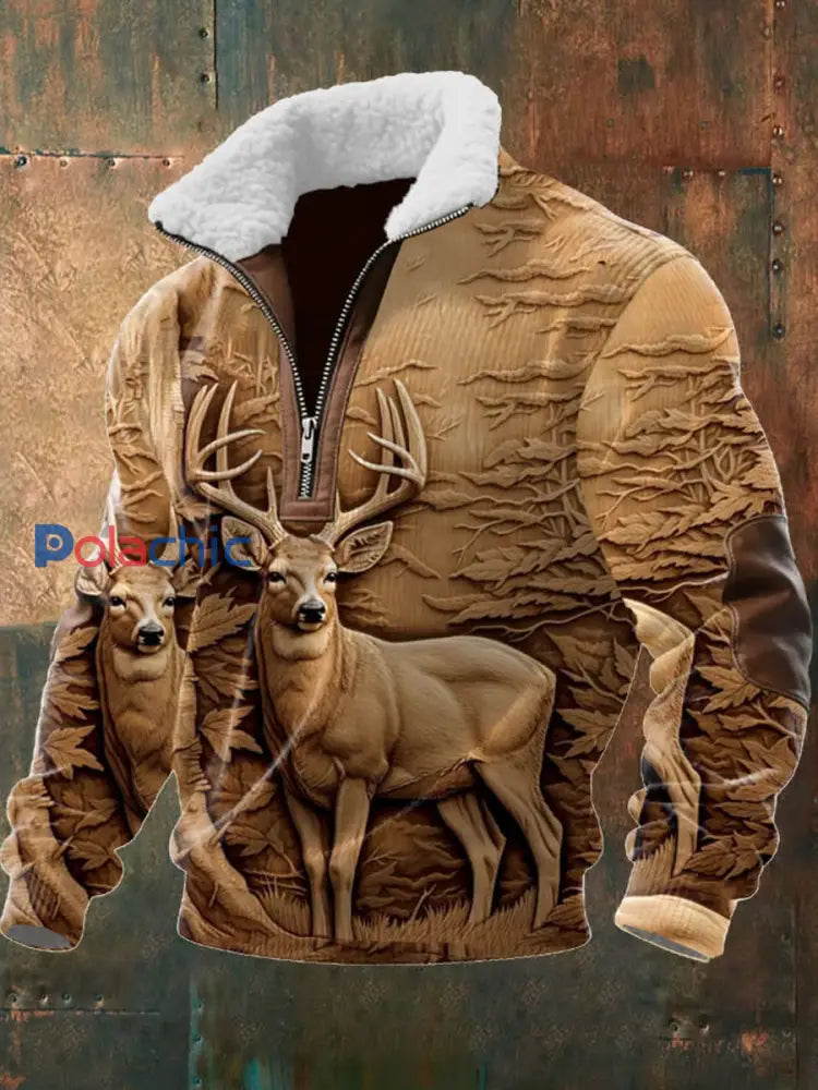 Retro Western Art Print Casual Zipper col en fourrure pour hommes A / S