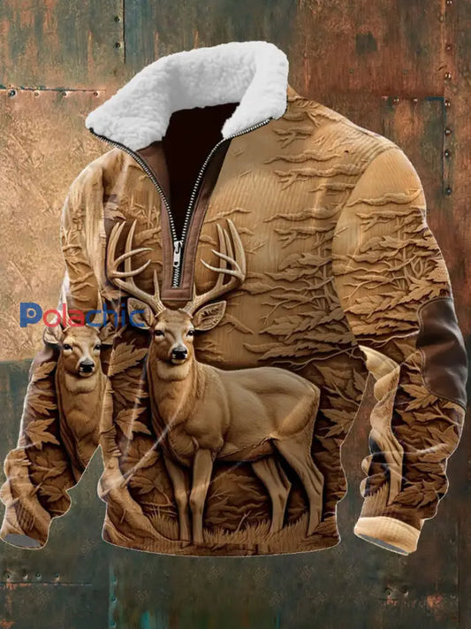 Retro Western Art Print Casual Zipper col en fourrure pour hommes A / S