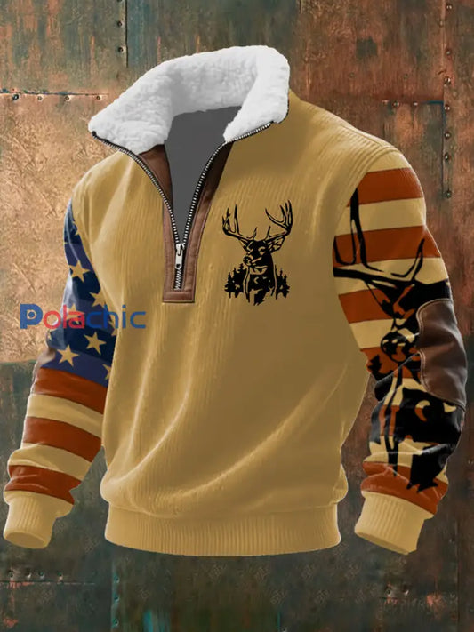 Retro Western Art Print Casual Zipper col en fourrure pour hommes A / S
