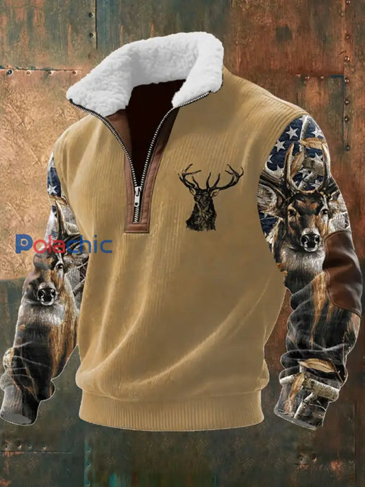 Retro Western Art Print Casual Zipper col en fourrure pour hommes A / S