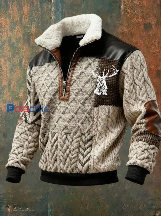 Retro Western Art Print Casual Zipper col en fourrure pour hommes A / S