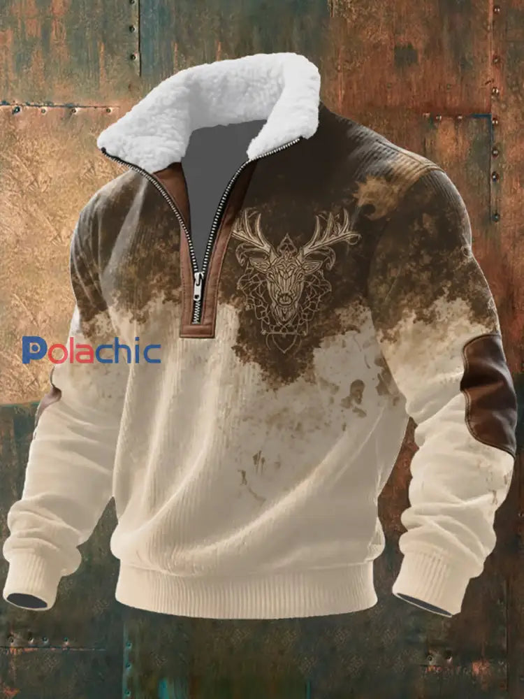 Retro Western Art Print Casual Zipper col en fourrure pour hommes A / S