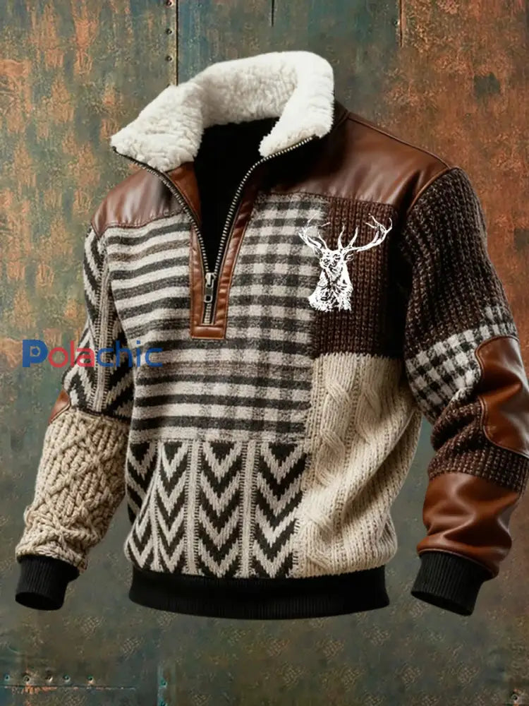 Retro Western Art Print Casual Zipper col en fourrure pour hommes A / S
