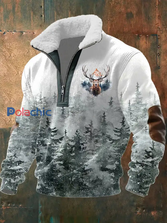 Retro Western Art Print Casual Zipper col en fourrure pour hommes A / S