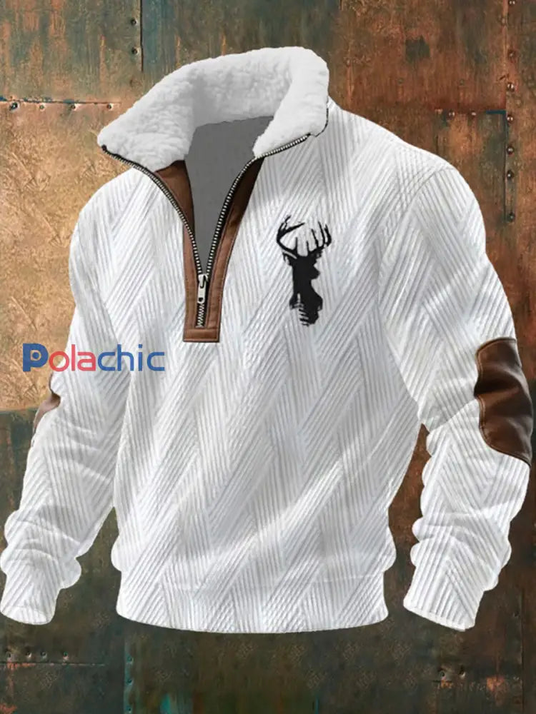 Retro Western Art Print Casual Zipper col en fourrure pour hommes A / S