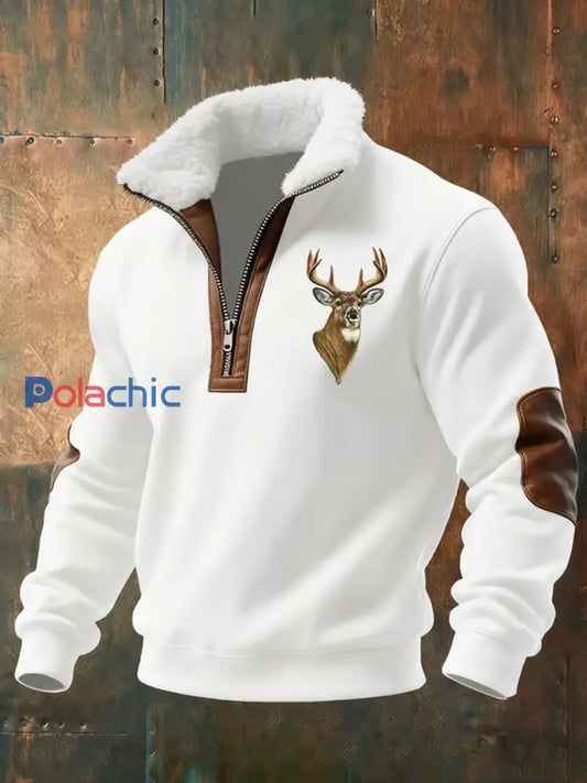 Retro Western Art Print Casual Zipper col en fourrure pour hommes A / S