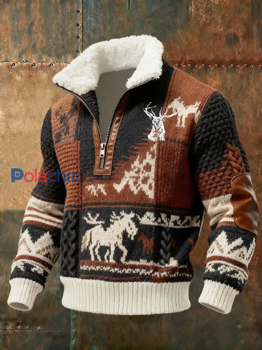 Retro Western Art Print Casual Zipper col en fourrure pour hommes A / S