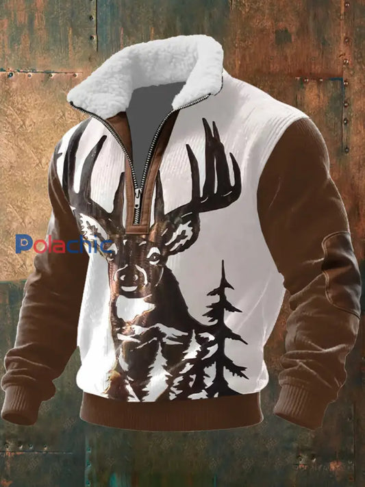 Retro Western Art Print Casual Zipper col en fourrure pour hommes A / S