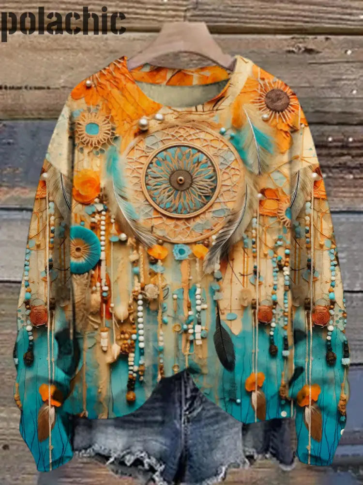 Retro Western Dream Catcher Imprimé Col Rond Casual Sweat-Shirt À Manches Longues A / S