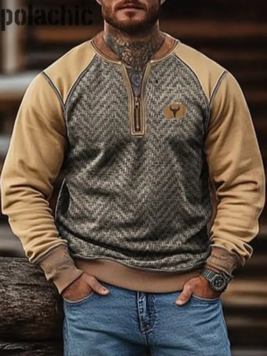 Rétro Western Motif Imprimé Vintage Zipper Henry Style V-Cou Extérieur Épais Sweatshirt A / S