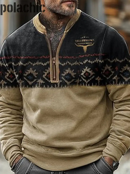 Rétro Western Motif Imprimé Vintage Zipper Henry Style V-Cou Extérieur Épais Sweatshirt A / S