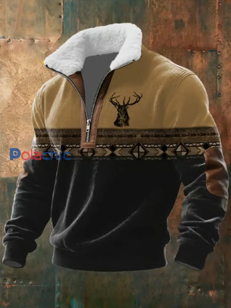 Retro Western Print Jacquard Zipper col en fourrure Sweat-shirt à manches longues pour hommes Kaki / S
