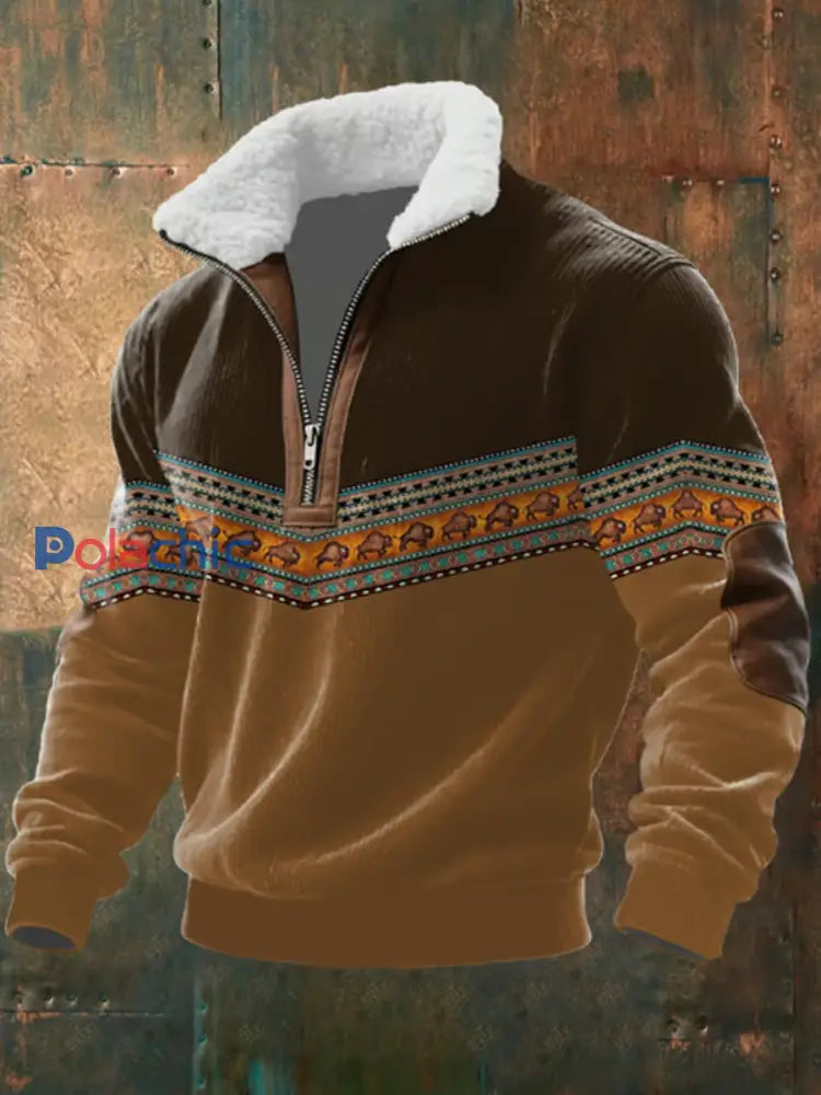 Retro Western Print Jacquard Zipper col en fourrure Sweat-shirt à manches longues pour hommes Marron / S