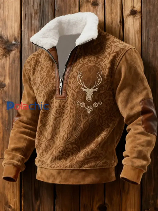 Retro Western Print Jacquard Zipper col en fourrure Sweat-shirt à manches longues pour hommes Marron / S