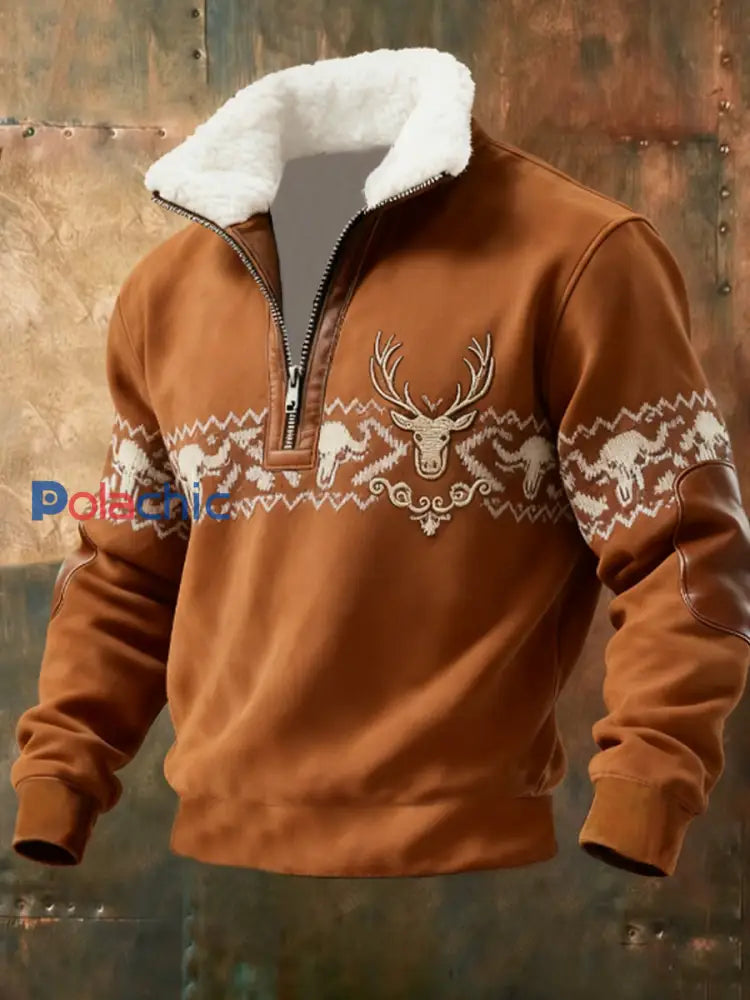 Retro Western Print Jacquard Zipper col en fourrure Sweat-shirt à manches longues pour hommes Marron / S