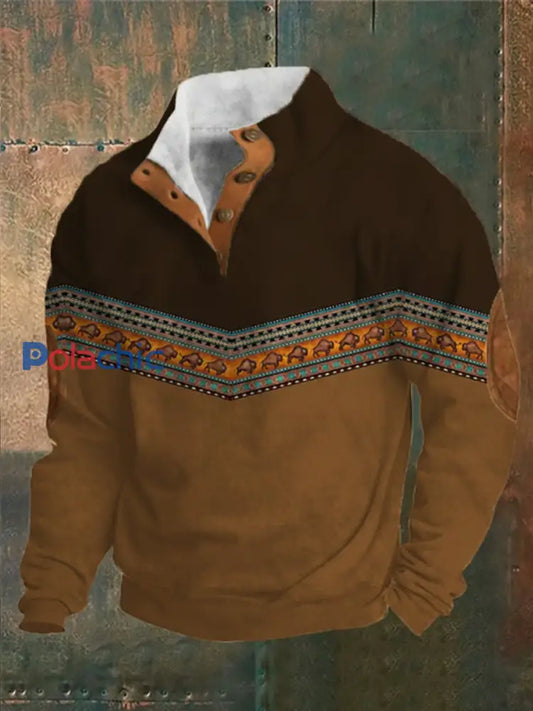 Retro Western Print Jacquard Zipper col en fourrure Sweat-shirt à manches longues pour hommes Marron / S