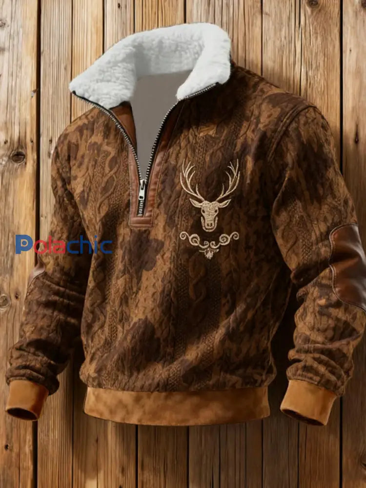 Retro Western Print Jacquard Zipper col en fourrure Sweat-shirt à manches longues pour hommes Marron / S