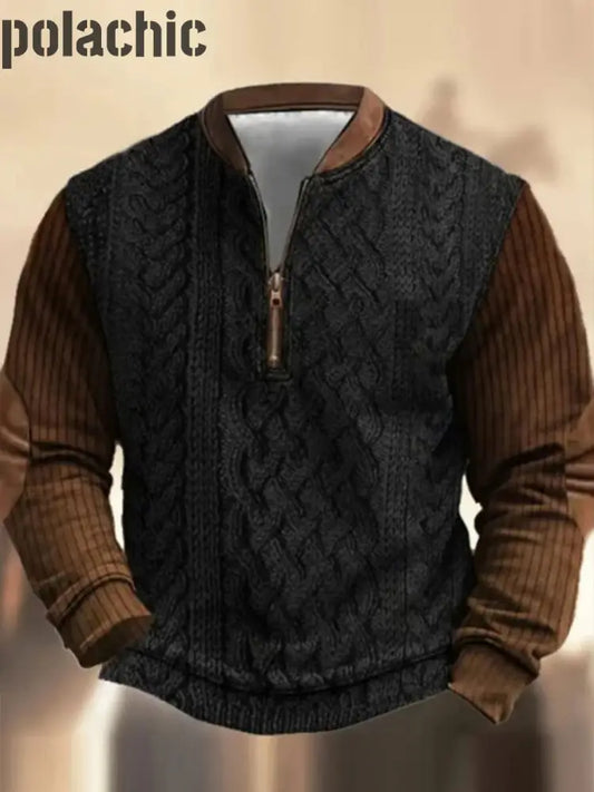 Retro Western Textured Pattern Imprimer Henry Casual Outdoor Épais Sweatshirt Des Hommes A / S