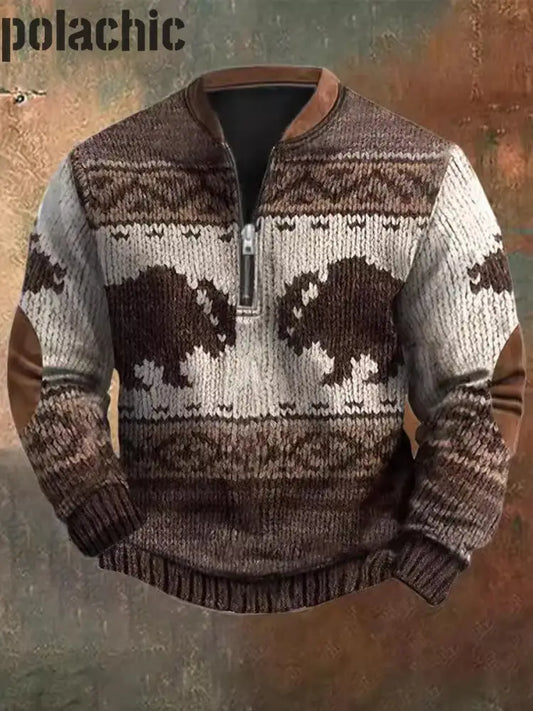 Retro Western Textured Pattern Imprimer Henry Casual Outdoor Épais Sweatshirt Des Hommes A / S