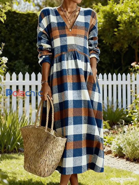 Robe à col en V confortable à motif à carreaux pour femmes comme image / S