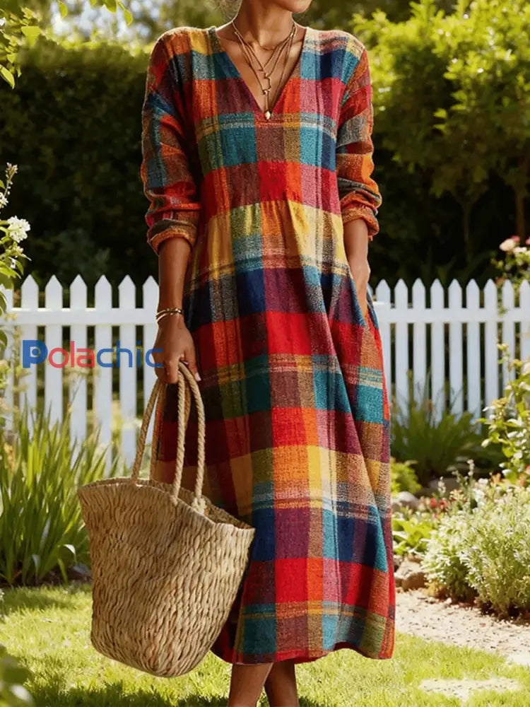 Robe à col en V confortable à motif à carreaux pour femmes comme image / S