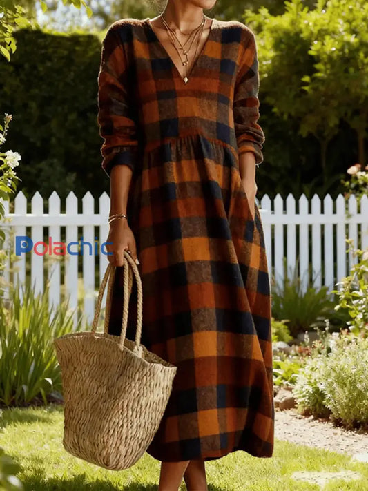 Robe à col en V confortable à motif à carreaux pour femmes comme image / S