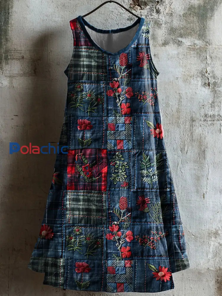 Robe décontractée à imprimé floral patchwork pour femmes Bleu / S