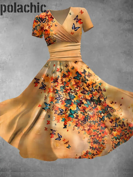 Robe Décontractée À Manches Courtes Vintage Butterfly Art Print Pour Femmes