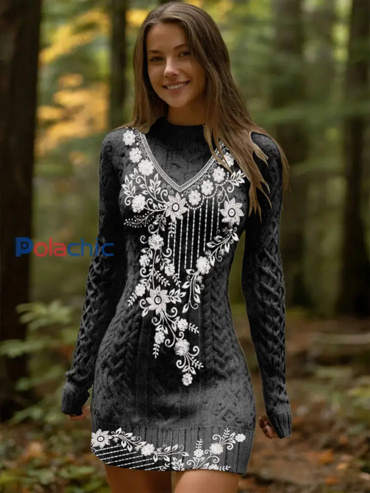 Robe élégante en tricot brodé à fleurs blanches pour femmes Multicolore / S