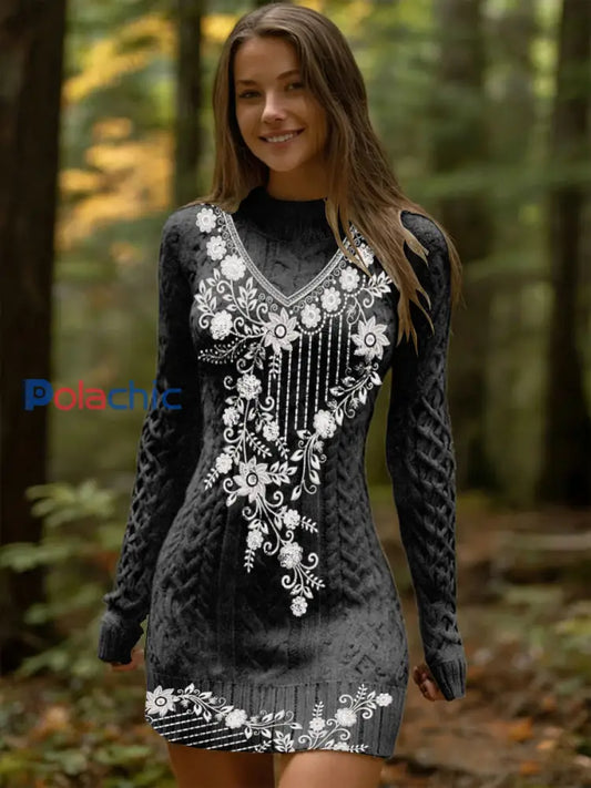 Robe élégante en tricot brodé à fleurs blanches pour femmes Multicolore / S